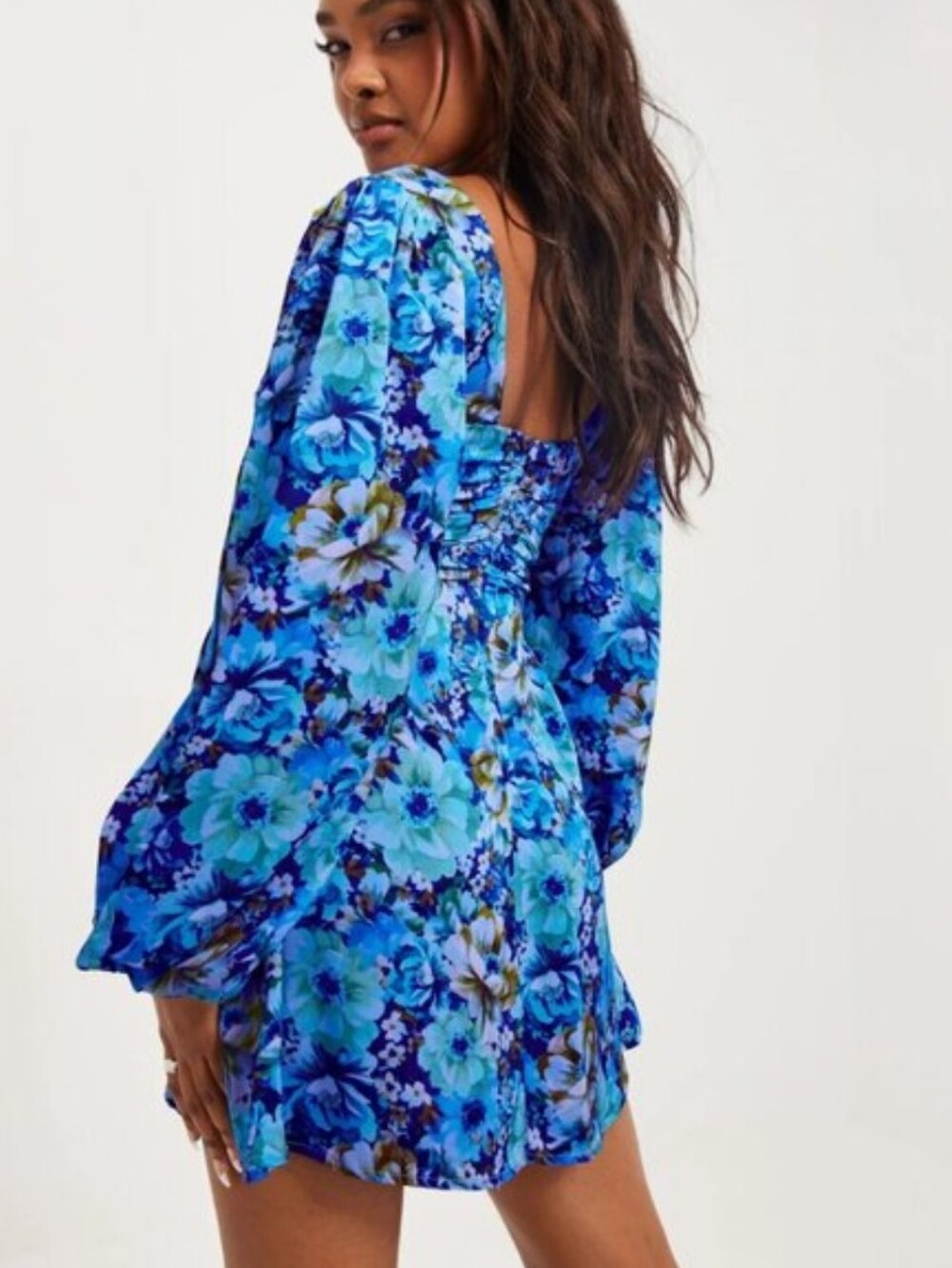 NWT For Love & Lemons Blue Floral Square-Neck Mini Dress Small